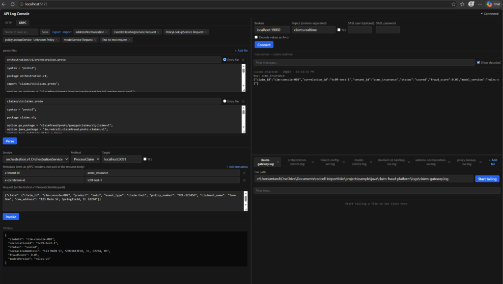 Console showing a ProcessClaim gRPC call on the left and the resulting scored-claim message arriving live on the claims.realtime topic on the right